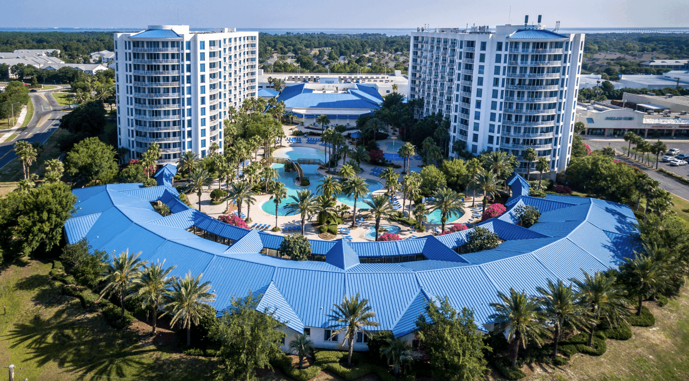 Aerial shot of the building with swimming pool